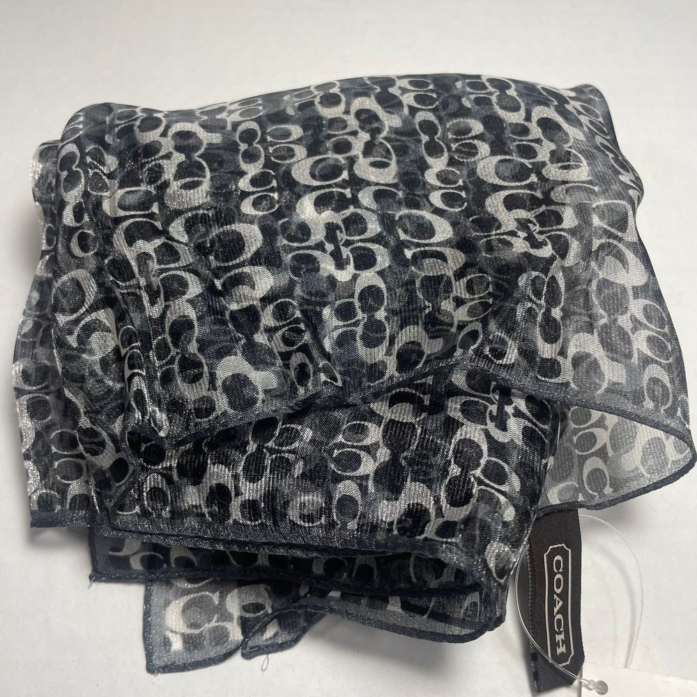 BNWT  Coach silk/nylon blend black/silver scarf cute bowtied to purse handle